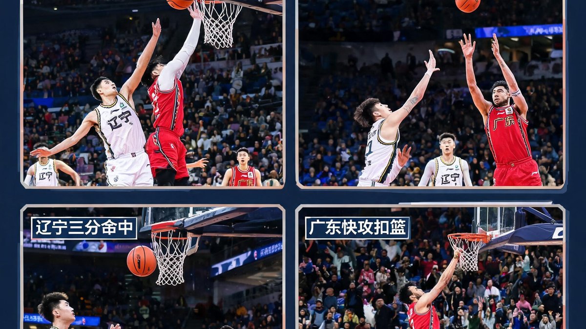 辽宁队与广东队全场比赛集锦画面，包含多次快攻和三分精彩瞬间