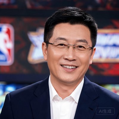 资深篮球解说员杨健，身穿深色西装，笑容亲和